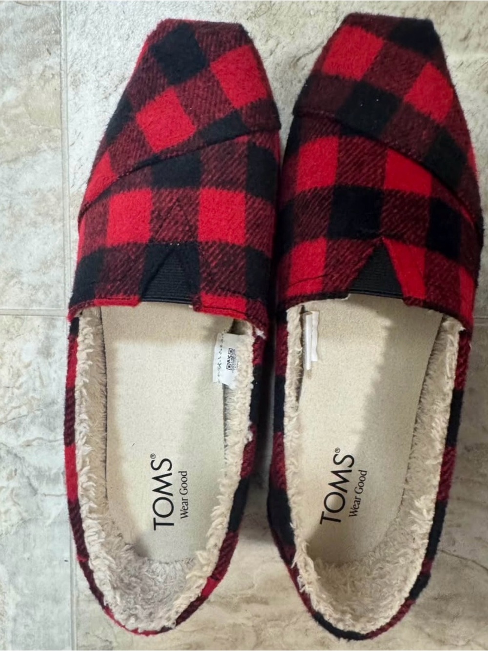 TOMS Red and Black Plaid Faux-Shearling Slip-Ons